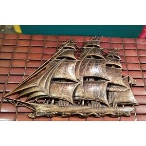 Midcentury Syroco Bronze Tone Tall Ship Nautical Wall Sculpture 16.25” X 13”